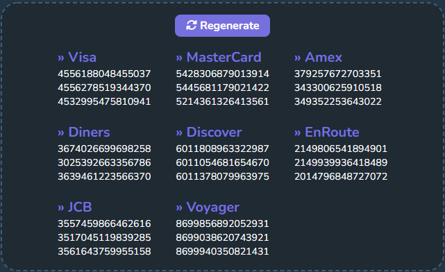 Credit Card numbers example